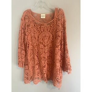 Bedford Fair Coral Pink Crochet Lace Tunic Top with Liner Set Womens Large L